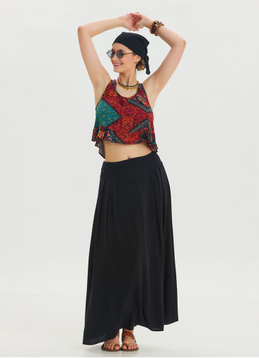 Black Long Skirt with Elastic Waist and Drape Detail 4493